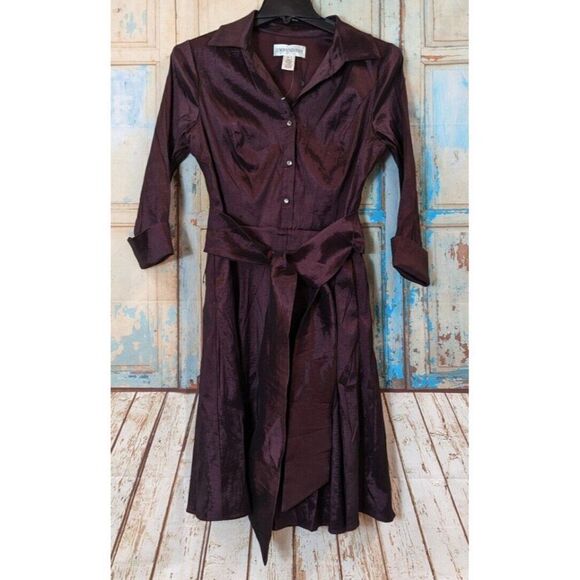 Emma Street Womens Size 14 Wine Purple Collared Tie Front Tafetta Dress 1123210 - Picture 1 of 10